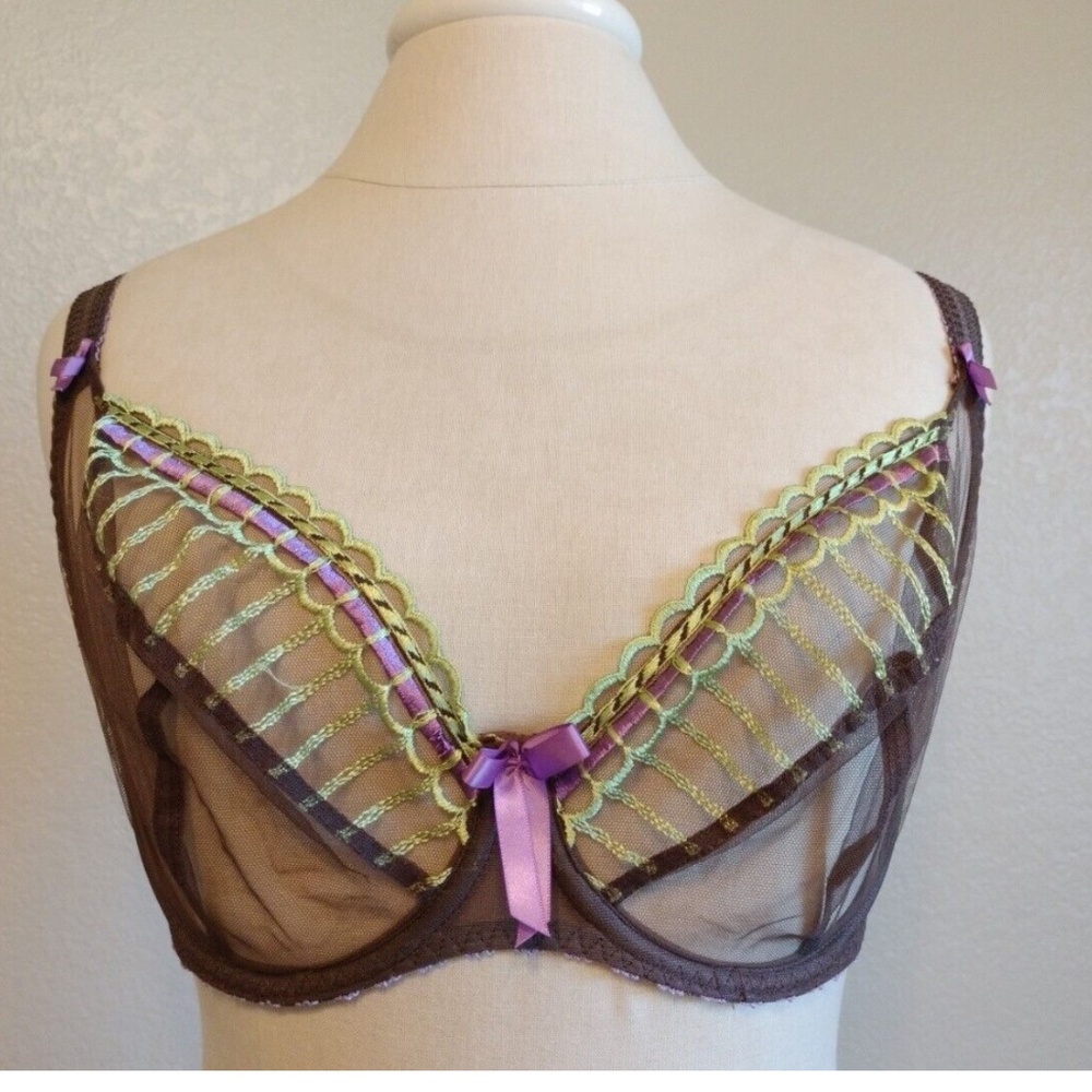Freya Arabella 30J (UK) Brown w Apple Green & purple trim plunge Bra NWOT